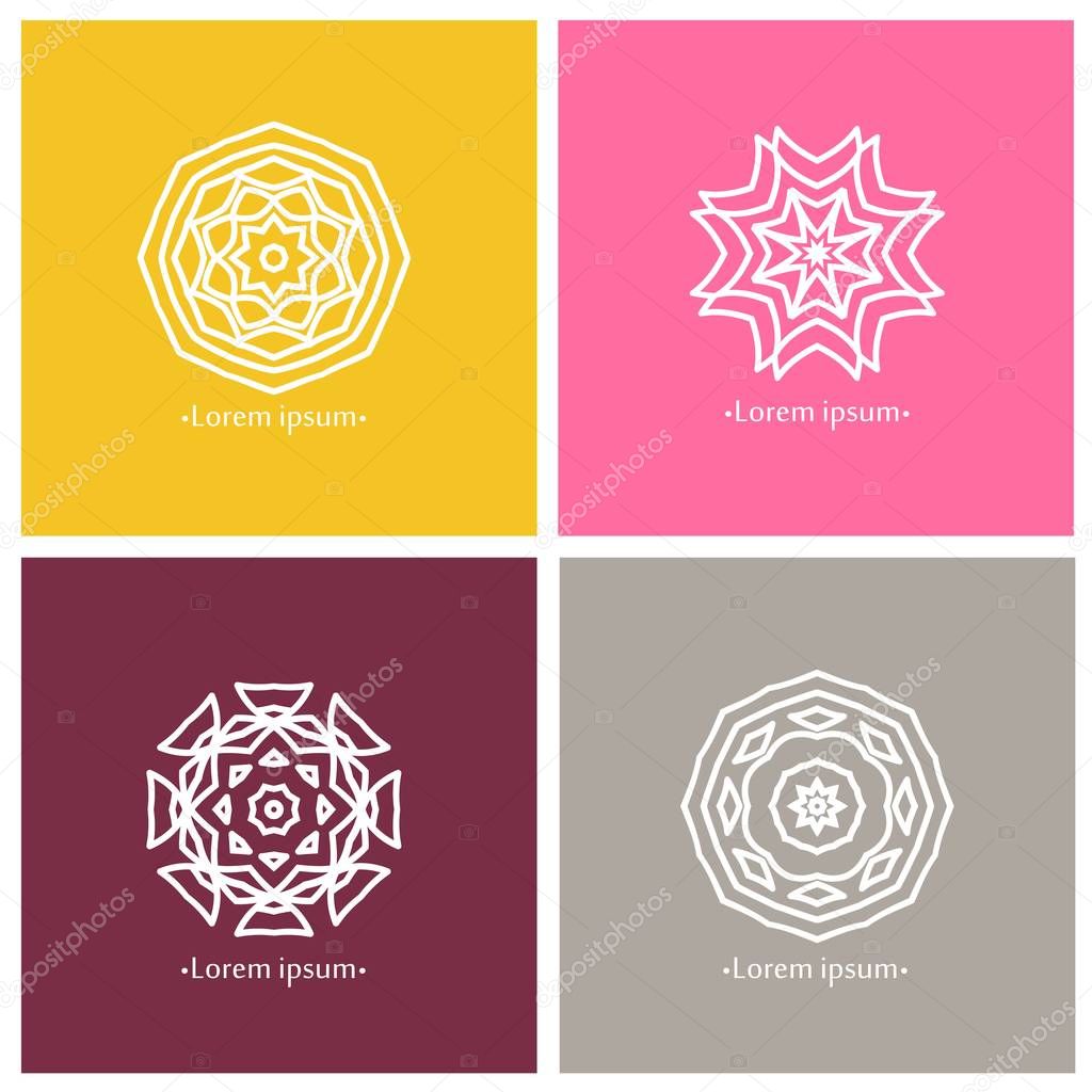 Four beautiful circular ornament on a colored background. Mandala. Vintage decorative elements. Islam, Arabic, Indian, ottoman motifs. Set of beautiful ethnic, oriental ornaments. Stylized flowers.
