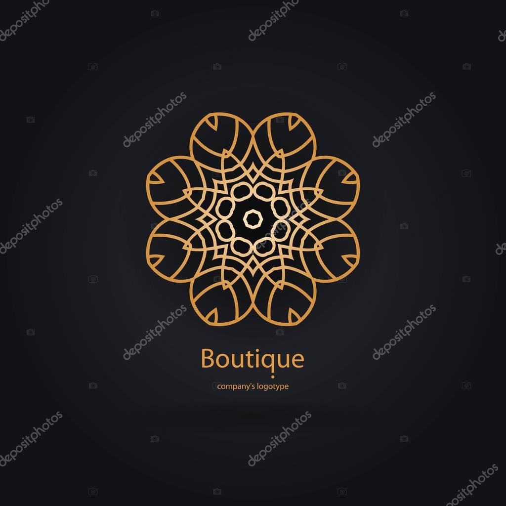 Luxury logotype in the shape of a flower for antique boutique. Gold logo, flower. Simple geometric sign. Icons, business, invitations. Volumetric golden big bud. Vintage. Islam, Arabic, Indian. Retro.