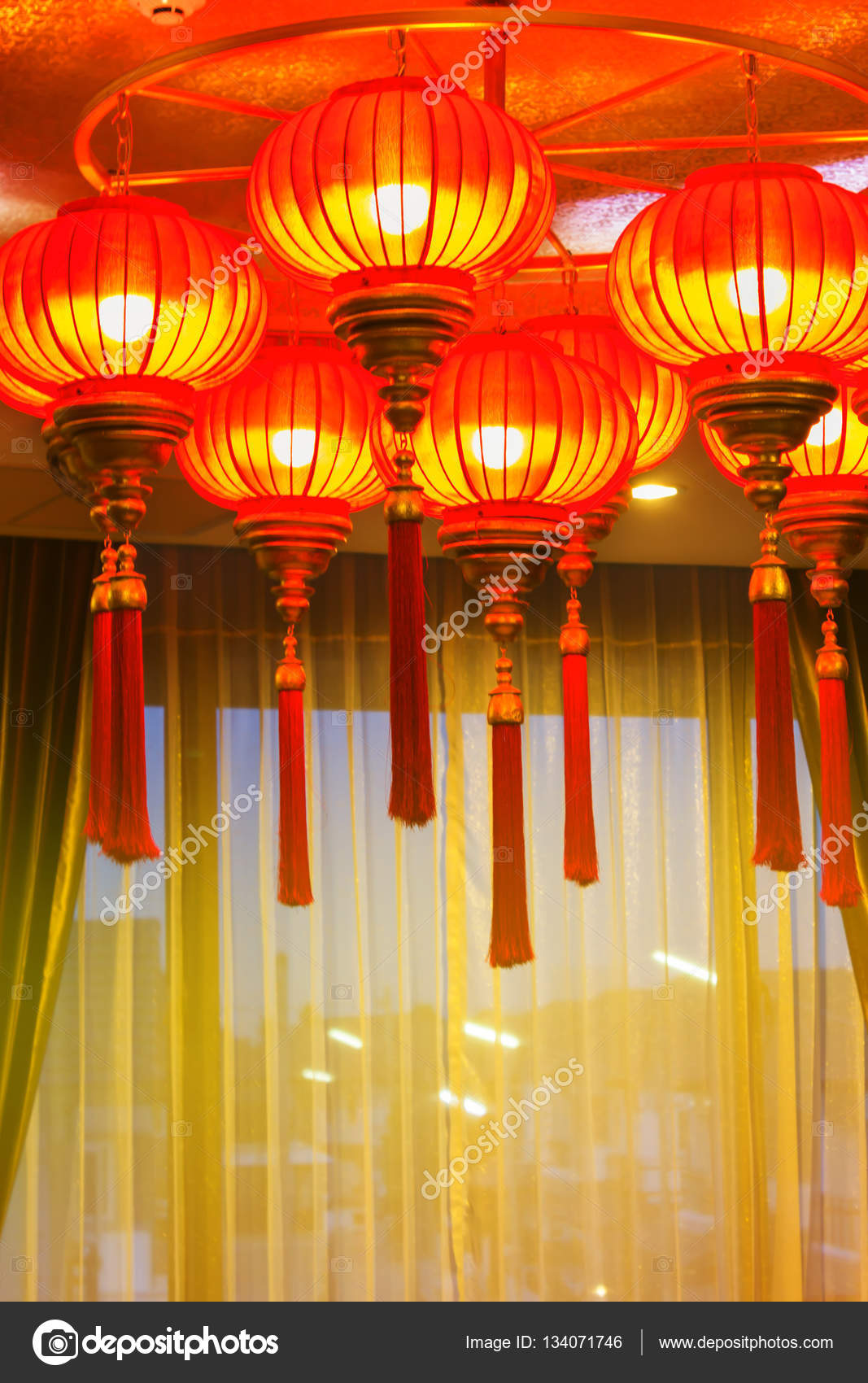 Classic Red Chinese Lantern Hang From Ceiling Stock Photo