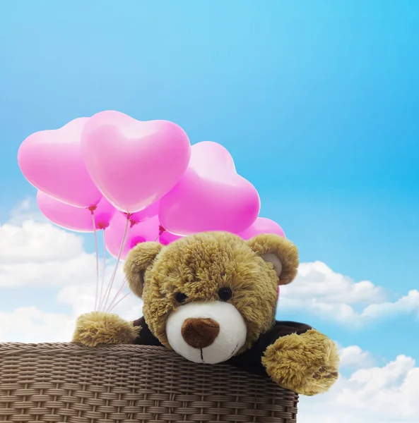 Słodkie niedźwiedź brunatny lalka dar koszyka z różowy balon i niebieski s — Zdjęcie stockowe