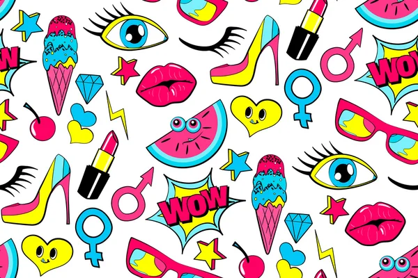 Seamless pattern of fashion patch badges. lips, kiss, heart, speech bubble, star, ice cream, lipstick, eye. Vector isolated background with stickers, pins, patches in cartoon 80s-90s comic style. — Stock Vector