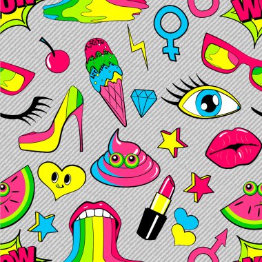 Seamless pattern of fashion patch badges. lips, kiss, heart, speech bubble, star, ice cream, lipstick, eye, shit. Vector isolated background with stickers, pins, patches in cartoon 80s-90s comic style clipart