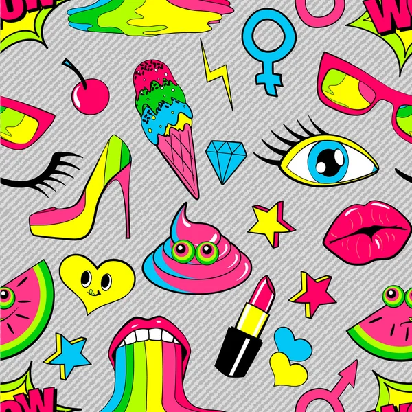 Seamless pattern of fashion patch badges. lips, kiss, heart, speech bubble, star, ice cream, lipstick, eye, shit. Vector isolated background with stickers, pins, patches in cartoon 80s-90s comic style — Stock Vector