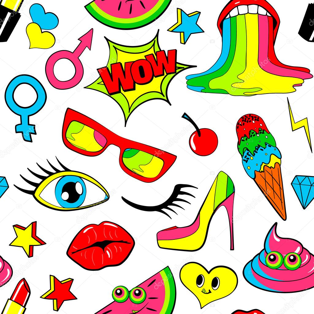 Seamless pattern of fashion patch badges. lips, kiss, heart, speech bubble, star, ice cream, lipstick, eye, shit. Vector isolated background with stickers, pins, patches, cartoon 80s-90s comic style