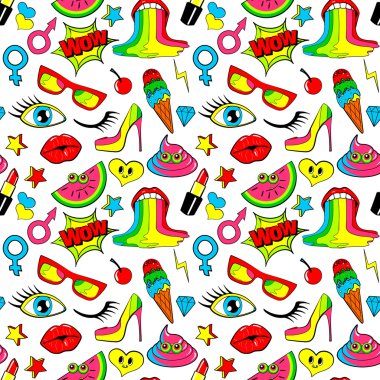Moda yama rozetleri seamless modeli. dudaklar, öpücük, kalp, konuşma balonu, yıldız, dondurma, ruj, göz. İzole vektör arka plan etiketleri, iğne, ile karikatür 80s 90s çizgi roman tarzı yamalar..