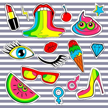 Moda yama rozetleri ile dudakları, öpücük, kalp, yıldız, dondurma, ruj, göz, bok, gökkuşağı. Vektör arka plan üzerinde şirin çıkartmalar, iğne, çizgili 80s 90s çizgi roman tarzı çizgi yamalı. Kırmızı Sarı.