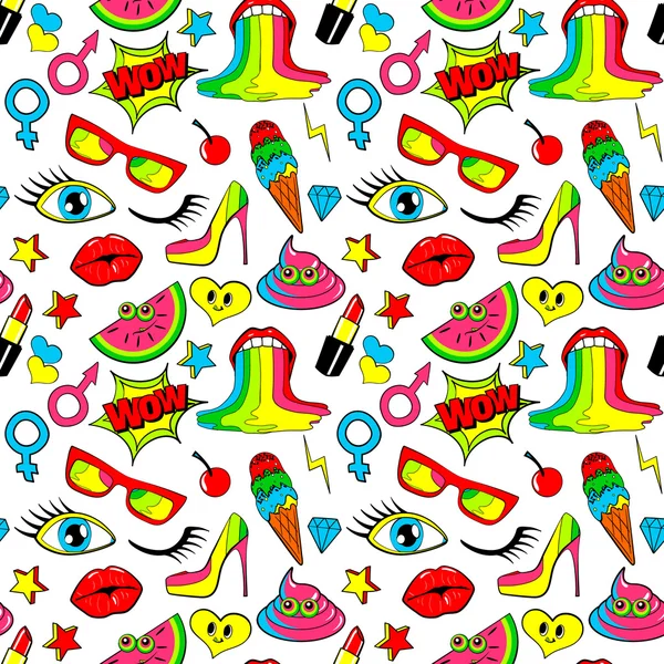 Seamless pattern of fashion patch badges. lips, kiss, heart, speech bubble, star, ice cream, lipstick, eye. Vector isolated background with stickers, pins, patches in cartoon 80s-90s comic style.