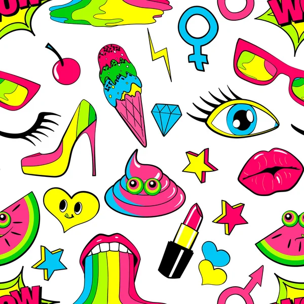 Seamless pattern of fashion patch badges. lips, kiss, heart, speech bubble, star, ice cream, lipstick, eye. Vector isolated background with stickers, pins, patches in cartoon 80s-90s comic style. — Stock Vector