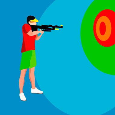 Silah oyuncu Yaz oyunları. 3D izometrik Shooter atlet. Şampiyonası uluslararası rekabet çekim spor. Spor çekim vektör çizim.
