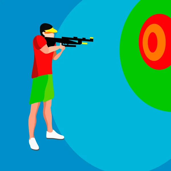 Skytte spelare Summer Games. 3D Isometrisk Shooter idrottsman. Sporting mästerskap internationella skytte konkurrens. Sport skytte vektorillustration. — Stock vektor