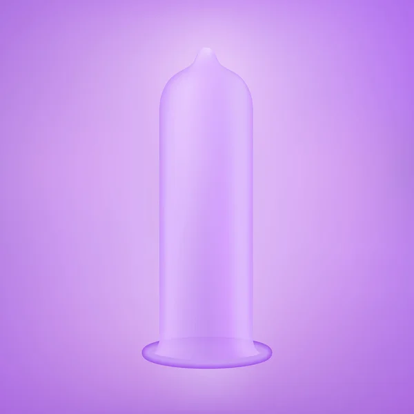 Latex condoom over violette achtergrond. Realistische vectorillustratie. Condoom zonder pack. Condoom pictogram of teken geïsoleerd over violette achtergrond. Contraceptieve methode. — Stockvector