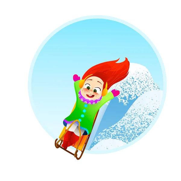 Malá holčička se těší na jízdu na saních. Dětské sáňkování. Batole jezdil saní. Děti hrají venku ve sněhu. Kid saně v pohoří Alp, zima. Venkovní zábava pro rodinné vánoční prázdniny. — Stockový vektor