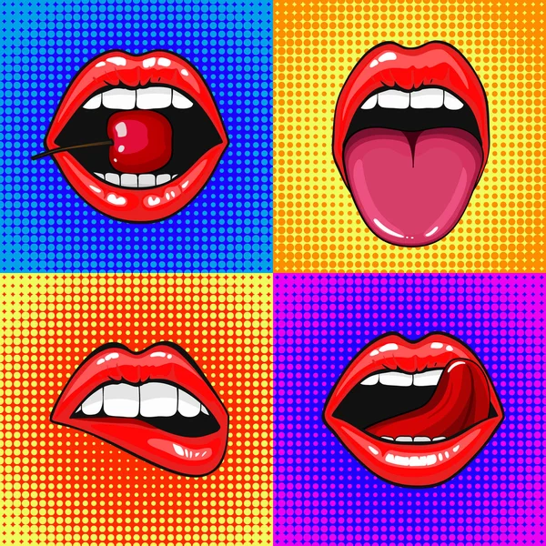 Genç güzel kadın dudaklar portre bir kiraz ısırma görünümünü kapatın. Beyaz dişler ve dil ile açık ay. yarı ton nokta arka plan. Set Pop art comic stili ay.