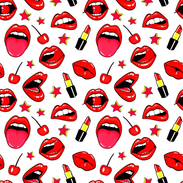 Seamless pattern with fashion patch badges with lips, kissing, open mouth, hearts, tongue, stars. Vector background with stickers, pins, patches in cartoon 80s-90s comic style. Sexy red lips isolated. — Διανυσματικό Αρχείο