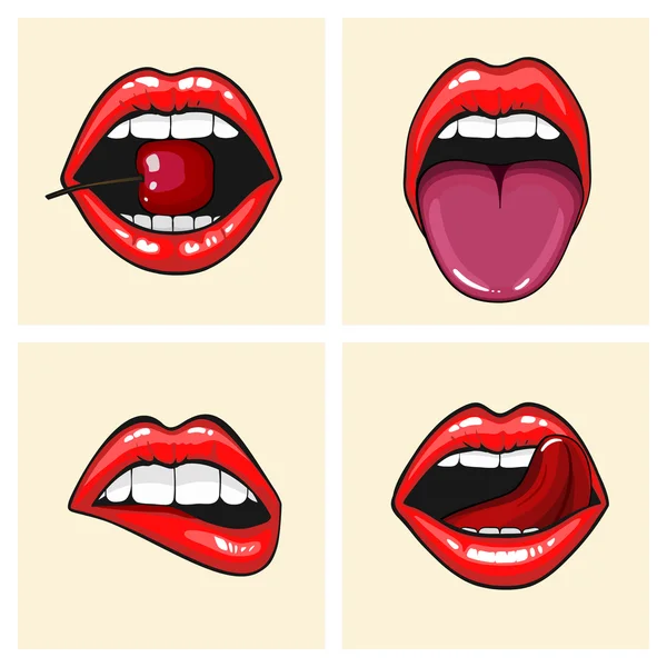 Different womens lips vector icon set isolated from background. Red lips close up girls. Shape sending a kiss, kissing lips. Collection of womens mouths and lips symbol. — Stock Vector