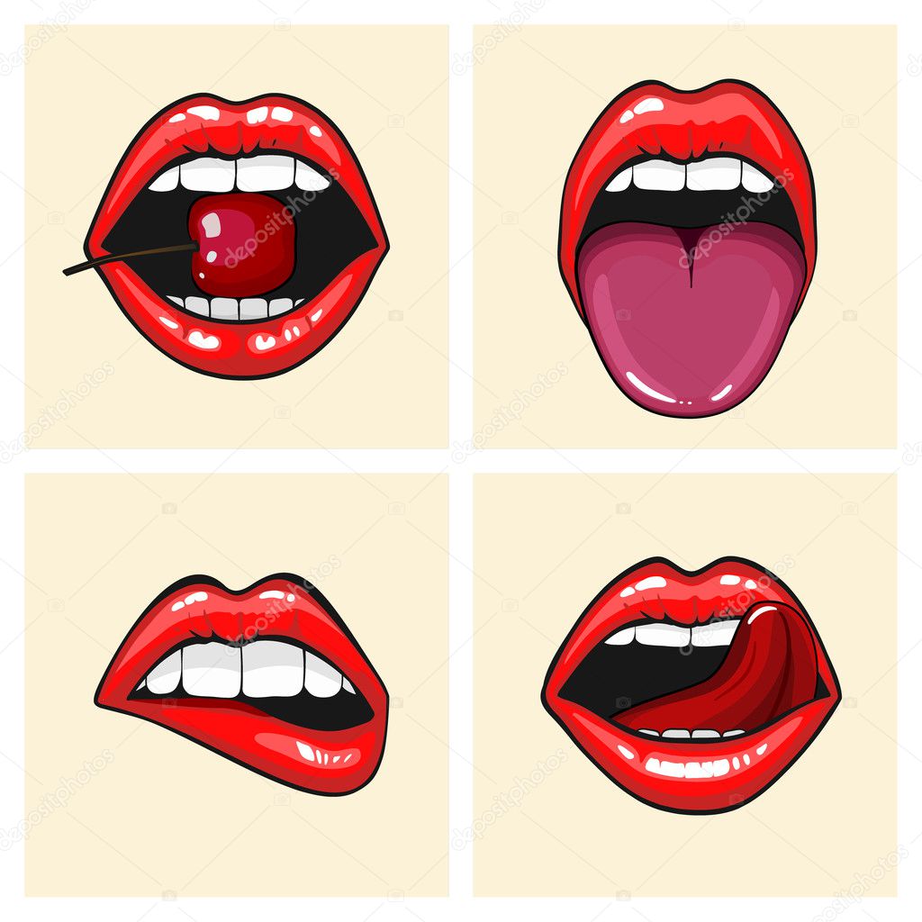 Different womens lips vector icon set isolated from background. Red lips close up girls. Shape sending a kiss, kissing lips. Collection of womens mouths and lips symbol.
