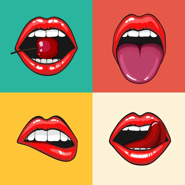 Verschillende womens lippen vector pictogrammenset geïsoleerd van de achtergrond. Rode lippen close-up meisjes. Vorm verzenden een kus, lippen kussen. Collectie van womens mond en lippen symbool. — Stockvector