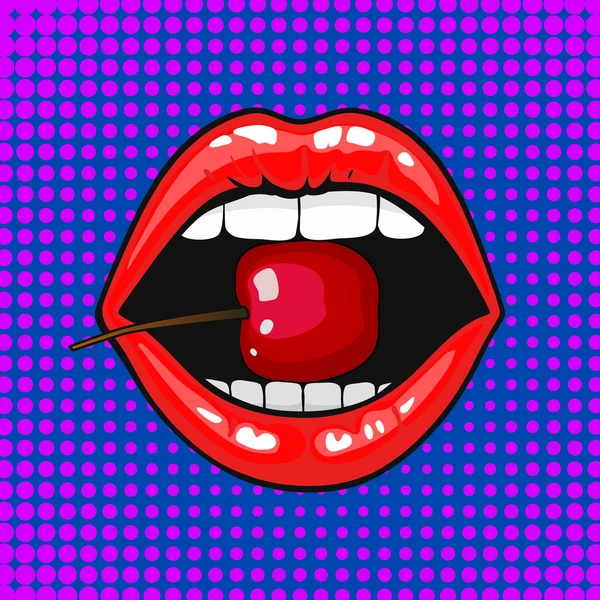 Genç güzel kadın dudaklar portre bir kiraz ısırma görünümünü kapatın. Açık ay beyaz dişli bir kırmızı neşeli yeme. yarı ton nokta arka plan. Pop art comic stili.