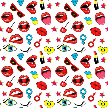 Moda yama rozetleri dudaklı, öpüşme, ile Seamless Modeli açık ağız, kalp, dil, yıldız. Vektör arka plan etiketleri, iğne, ile karikatür 80s 90s çizgi roman tarzı yamalı. Seksi kırmızı dudaklar.