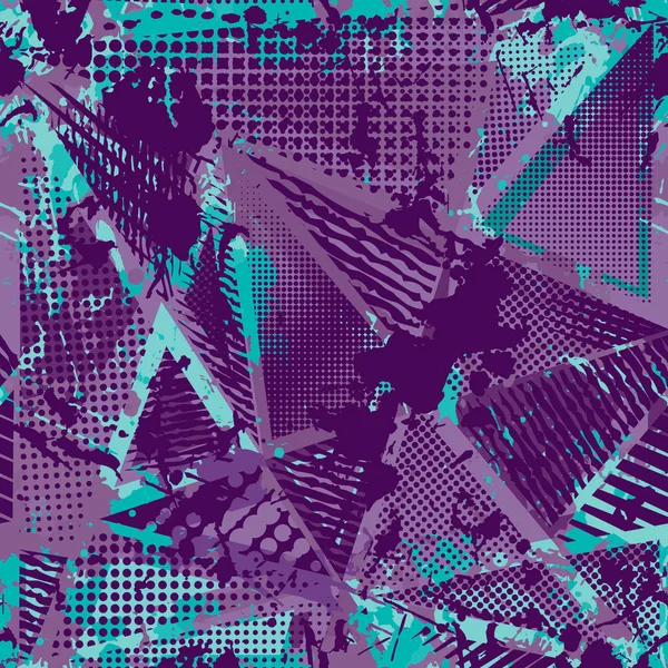 Abstract urban seamless pattern. Grunge texture background. Scuffed drop sprays, triangles, dots, neon spray paint, splash. Urban modern dirty dark wallpaper. Fashion textile, sport fabric. torn style — Stock Vector