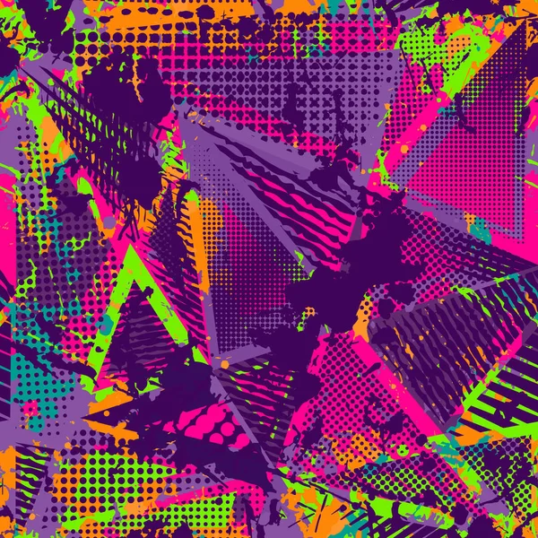 Abstract urban seamless pattern. Grunge texture background. Scuffed drop sprays, triangles, dots, neon spray paint, splash. Urban modern dirty dark wallpaper. Fashion textile, sport fabric torn style