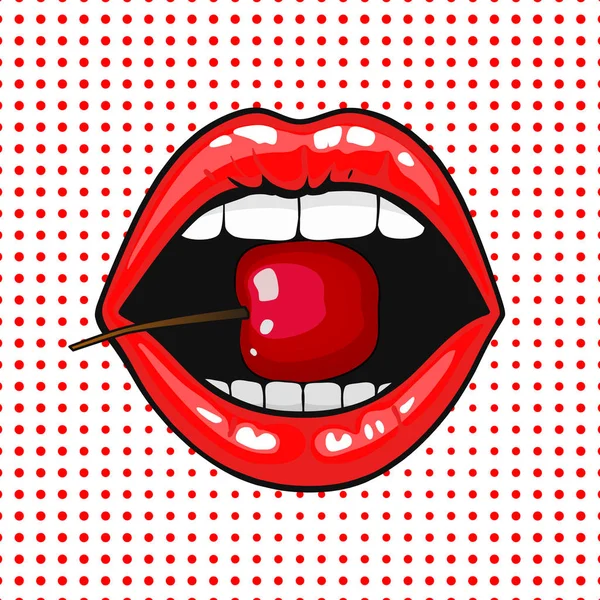 Genç güzel kadın dudaklar portre bir kiraz ısırma görünümünü kapatın. Açık ay beyaz dişli bir kırmızı neşeli yeme. yarı ton nokta arka plan. Pop art comic stili.