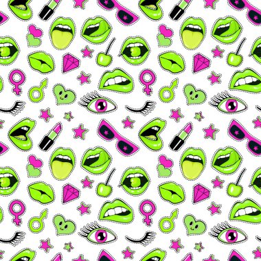 Moda yama rozetleri seamless modeli. Öpüşme, dudak, ağız, kalp, dil, yıldız açın. Beyaz arka plan üzerinde izole vektör çizim. Çıkartmalar, iğne, yamalar karikatür kümesinde 80s 90s çizgi stili.