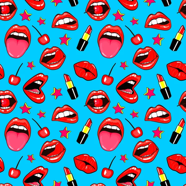 Naadloze patroon met mode patch badges met lippen, zoenen, open mond, tong, harten en sterren. Vector achtergrond met stickers, pins, patches in cartoon komische stijl van de jaren 80-90s. Sexy rode lippen op blauw — Stockvector