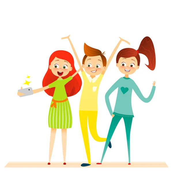 Karakter anak-anak kartun. Anak-anak tersenyum, membuat selfie. Gadis dan anak yang bahagia menikmati selfie dengan kamera foto. Foto anak. Karakter murid muda yang ceria. Pria manis dengan teman-teman. Datar vektor  . Stok Ilustrasi 
