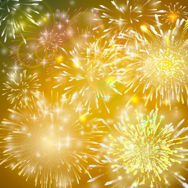 Fireworks vektör Illustration. Gerçekçi Festival arka plan sarı ve kırmızı patlamaları, patlama ve ışıltı gece gökyüzü üzerinde. Tatil sezonu kutlama ve parti zemin için.