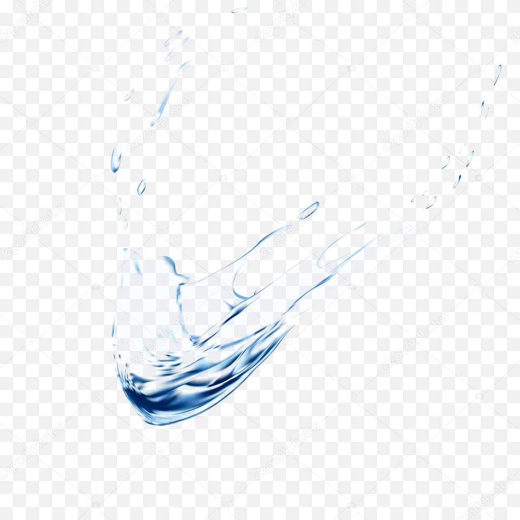 Blue water vector splash isolated on transparent background. blue realistic aqua spray with drops. 3d illustration. semitransparent liquid surface backdrop created with gradient mesh tool.