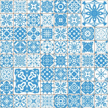 Sorunsuz döşeme deseni. Renkli lisbon, Akdeniz çiçek süsleme desen. Kare çiçek mavi Mozaik. Islam, Arapça, Hint, Türk, Pakistan, Çin Fas, Portekizce Osmanlı motifleri. vektör.