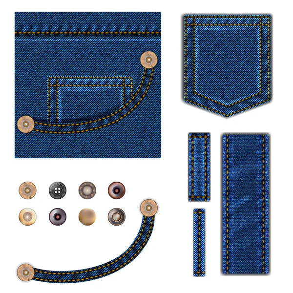 Jeans e botões. conjunto de ilustração vetorial. Fundo de ganga azul com bolso, coleção de estalidos de metal e textura elementos de borda wth stitch. isolado sobre branco . — Vetor de Stock