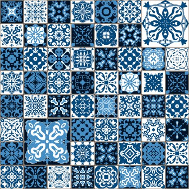 Sorunsuz döşeme deseni. Renkli lisbon, Akdeniz çiçek süsleme desen. Kare çiçek mavi Mozaik. Islam, Arapça, Hint, Türk, Pakistan, Çin Fas, Portekizce Osmanlı motifleri. vektör.