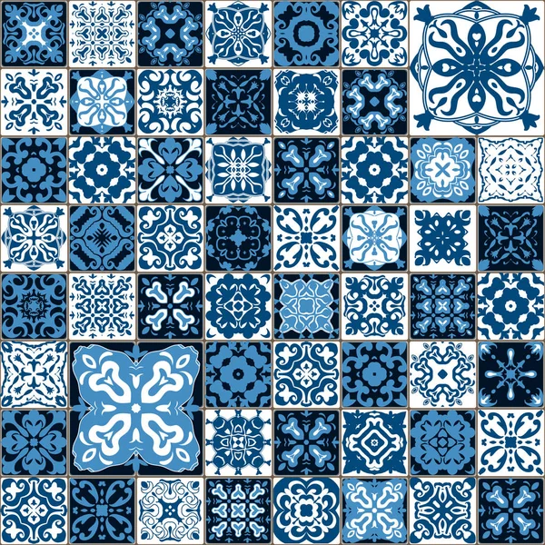 Padrão de telha sem costura. Lisbon colorido, padrão de ornamento floral mediterrâneo. Flor quadrada mosaico azul. Islã, árabe, indiano, turco, paquistanês, chinês marroquino, português motivos otomanos. Vetor . —  Vetores de Stock