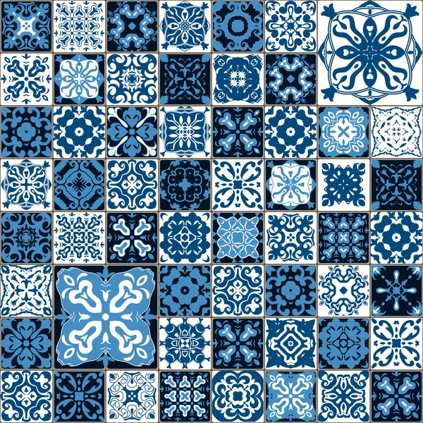 Sorunsuz döşeme deseni. Renkli lisbon, Akdeniz çiçek süsleme desen. Kare çiçek mavi Mozaik. Islam, Arapça, Hint, Türk, Pakistan, Çin Fas, Portekizce Osmanlı motifleri. vektör.