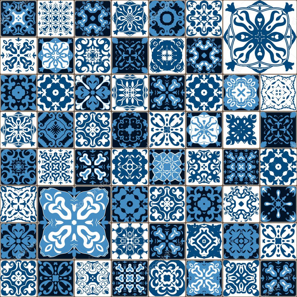 Seamless tile pattern. Colorful lisbon, mediterranean floral ornament pattern. Square flower blue mosaic. Islam, Arabic, Indian, Turkish, Pakistan, Chinese Moroccan, Portuguese Ottoman motifs. vector.