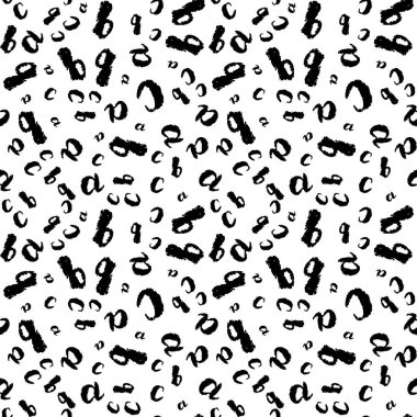 Yaratıcı sorunsuz boyalı harfleri desen. Dokular abc mürekkep. Kabataslak çizilmiş bruch grafik posterler, duvar kağıdı, mobilya kumaş, tekstil için yazdırılır. Vektör. Siyah ve beyaz. Grungy süsleme.