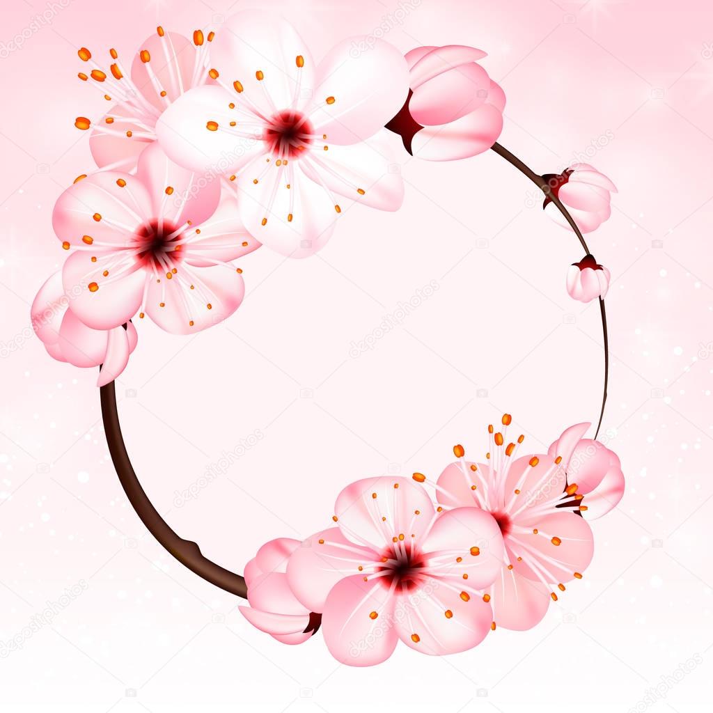 Spring background with pink blossom flowers. Vector 3d illustration. Beautiful vernal floral banner, poster, flyer. Springtime blooming apple tree. close up of branch, petal over rose bokeh backdrop.