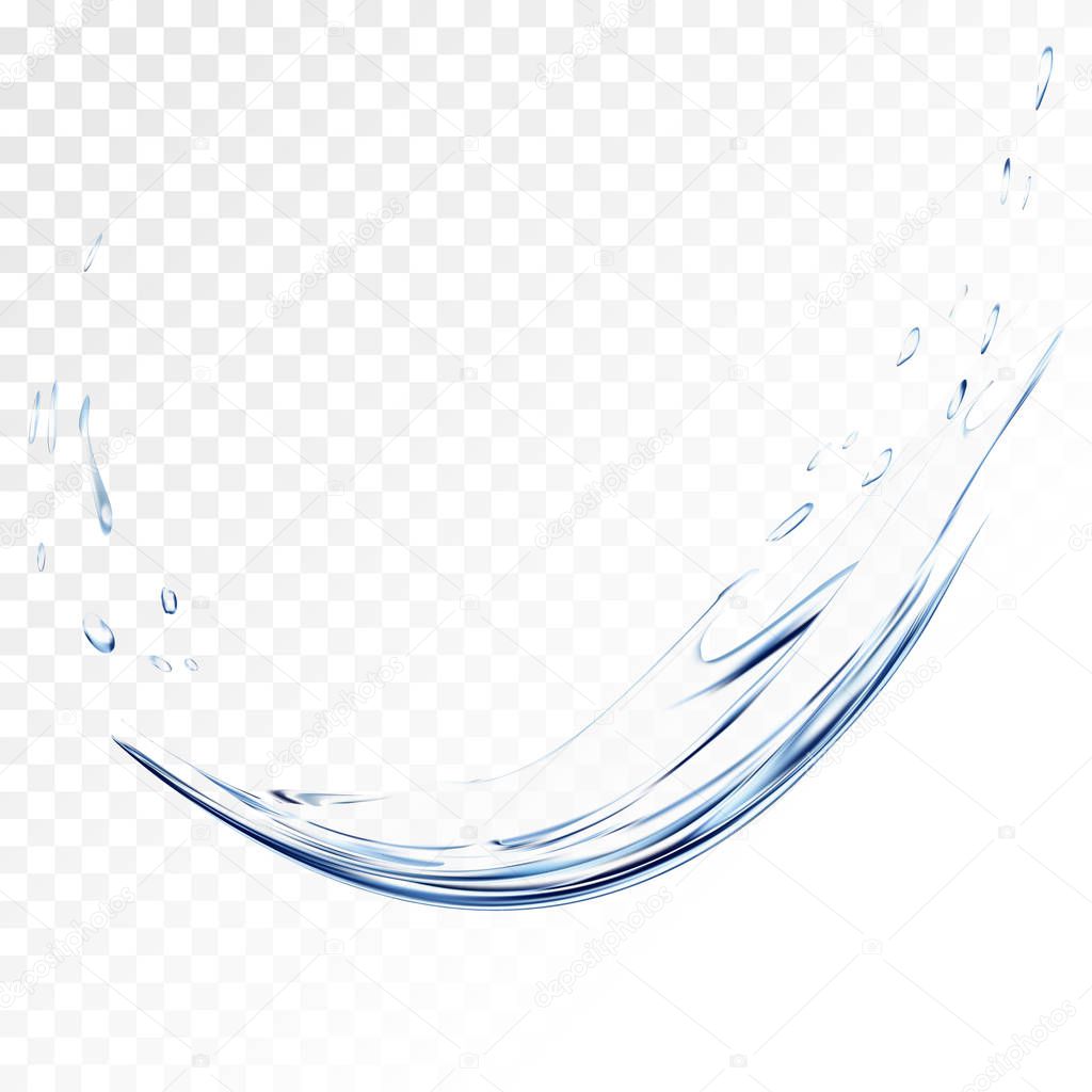 Blue water vector splash isolated on transparent background. blue realistic aqua spray with drops. 3d illustration. semitransparent liquid surface backdrop created with gradient mesh tool.