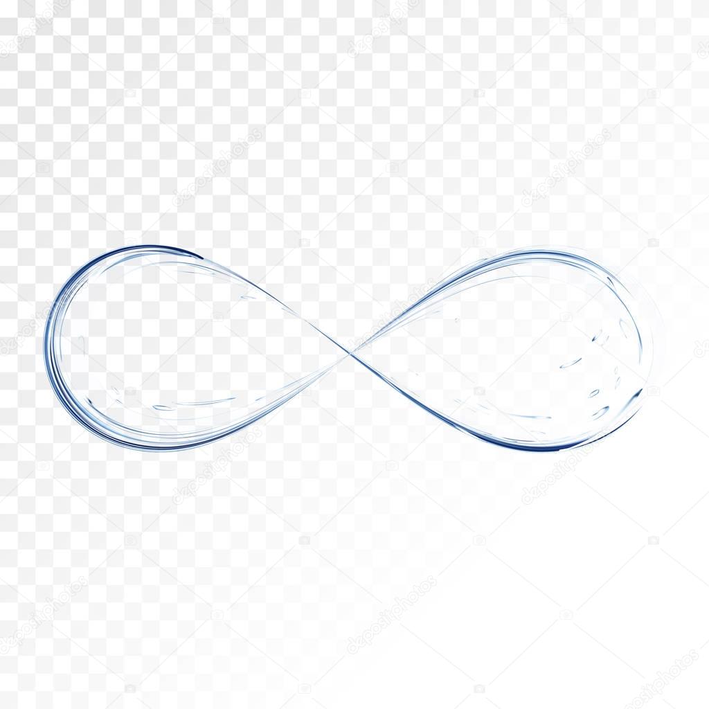 Infinity symbol. Blue water splash transparent. Aqua as not endless and limitless resource, ecological problem concept. vector 3d illustration