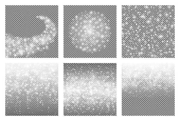 Schieten stralende ster met Elegant Trail - meteoroïde, komeet, asteroïde, sterren. Abstract Star barsten. Vallende sneeuwvlokken. Glitter sneeuwgrens. Confetti. Geïsoleerd op transparante achtergrond. Vector set. — Stockvector