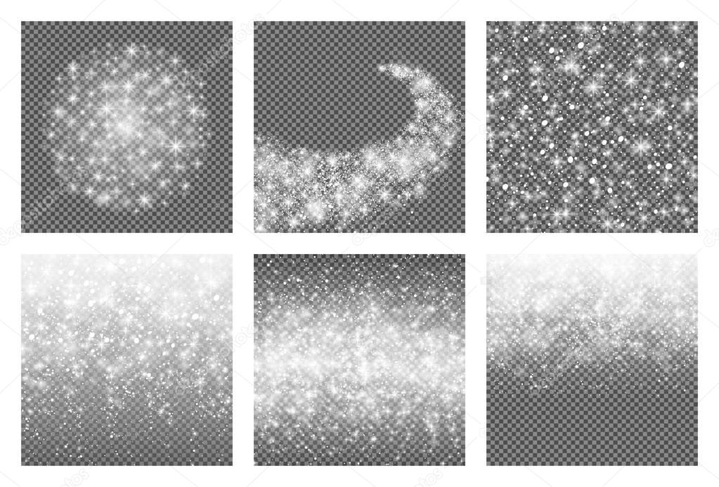 Shooting shining star with Elegant Trail - Meteoroid, Comet, Asteroid, Stars. Abstract Star burst. Falling snowflakes. Glitter snow line. Confetti. Isolated on transparent background. Vector set.