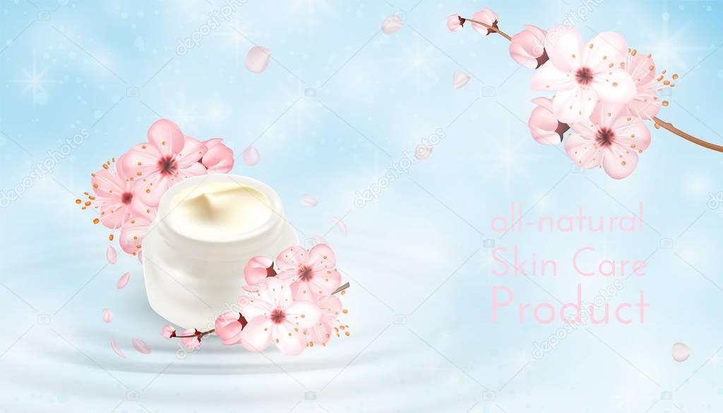 Moisturizing cosmetic ads template. Cream products mockups advertising isolated upon water, nature background against light white bokeh. 3d illustration. moisture face skin care containers .