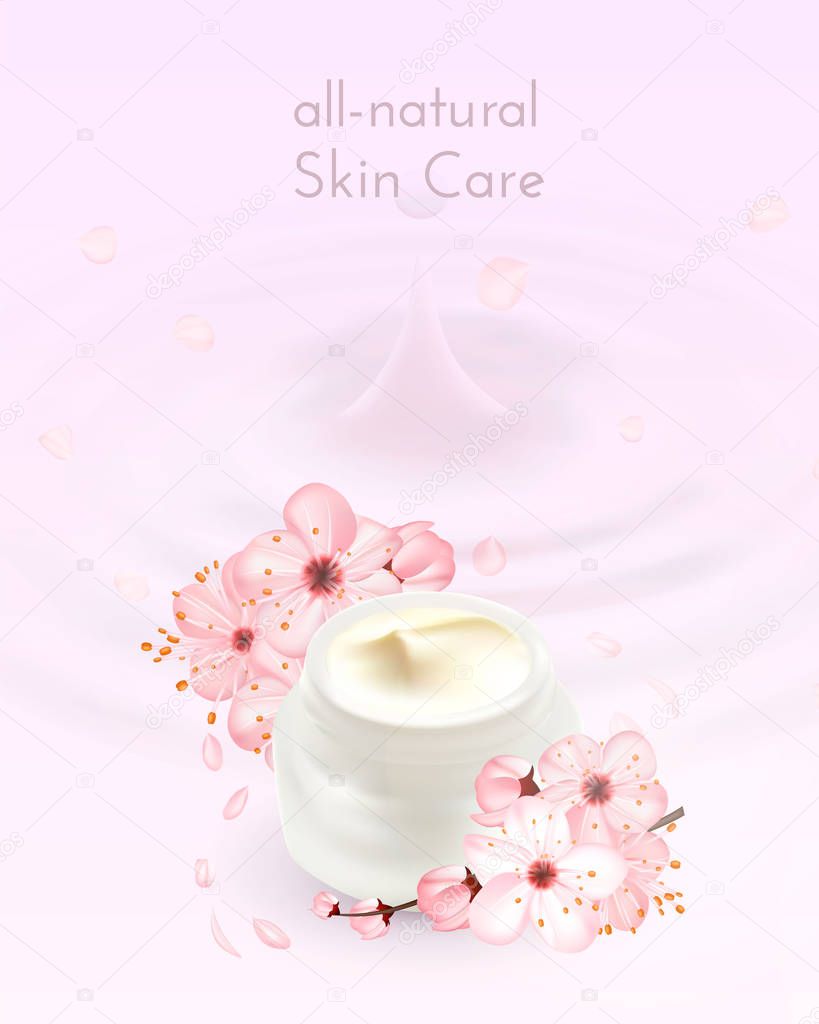 Moisturizing cosmetic ads template. Cream products mockups advertising isolated upon water, nature background against light pink bokeh. 3d illustration. moisture face skin care containers .