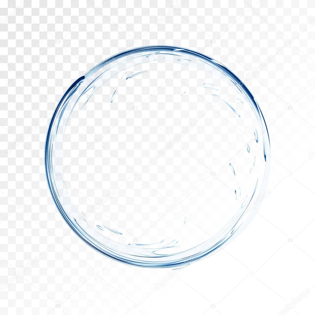 Water vector splash isolated on transparent background. blue realistic aqua circle with drops. top view. 3d illustration. semitransparent liquid surface backdrop created with gradient mesh tool.