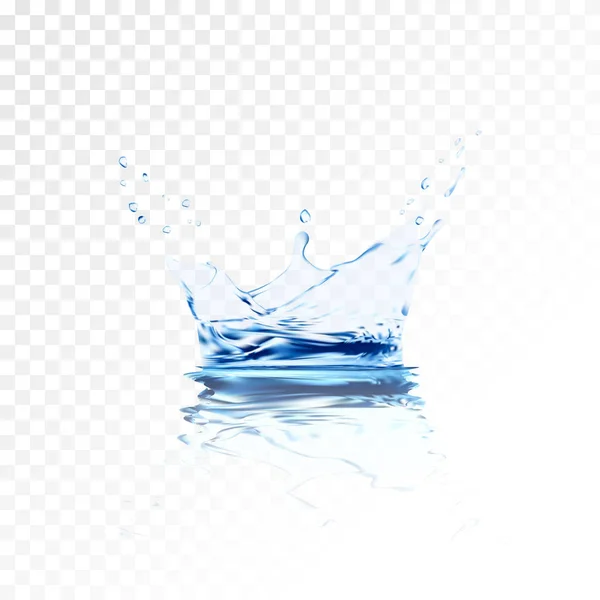 Transparant water splash met reflectie en druppels geïsoleerd. 3D illustratie vector. Aqua oppervlakte achtergrond gemaakt met Verloopnet gereedschap. Vloeibare kroon vallen in het water in het licht blauw. — Stockvector