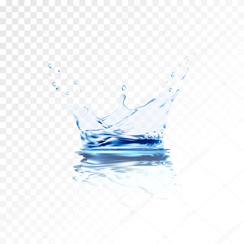 Transparent water splash with reflection and drops isolated. 3d illustration vector. aqua surface background created with gradient mesh tool. Liquid crown from falling into the water in light blue.