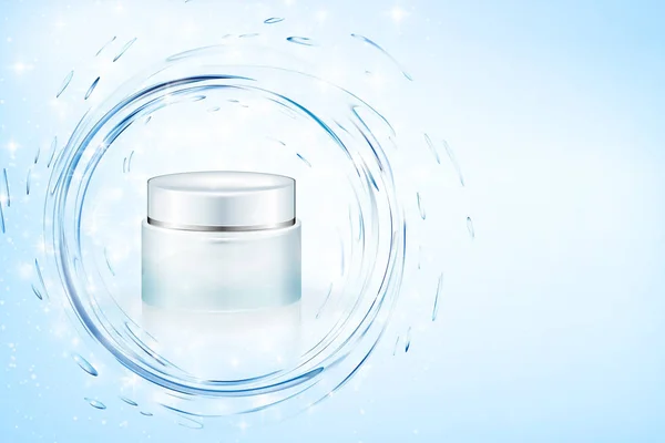 Kozmetik ürün reklam tasarım. Vektör çizim. Yüz cilt bakım nemlendirici aqua krem reklamları şablonu alay. Turkuaz maskesi şişe glitter parçacıklar su sıçrama ile izole.