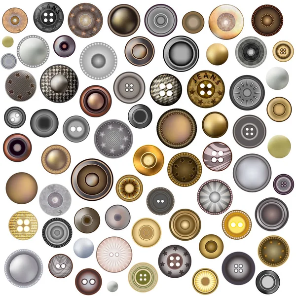 Set of sewing buttons isolated on white background. Realistic Accessories Metal Jeans Round Button or Rivets Set Web Design Element. Vector 3d illustration. Mega collection. — Stock Vector